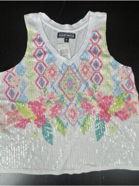 Almost Famous Sequin Embellished Tank Top Sz Large White Neon Tribal